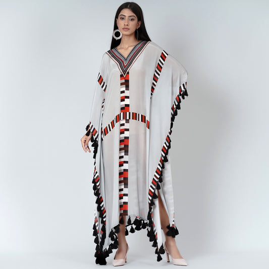Grey Geometric Mid Length Kaftan with Lace