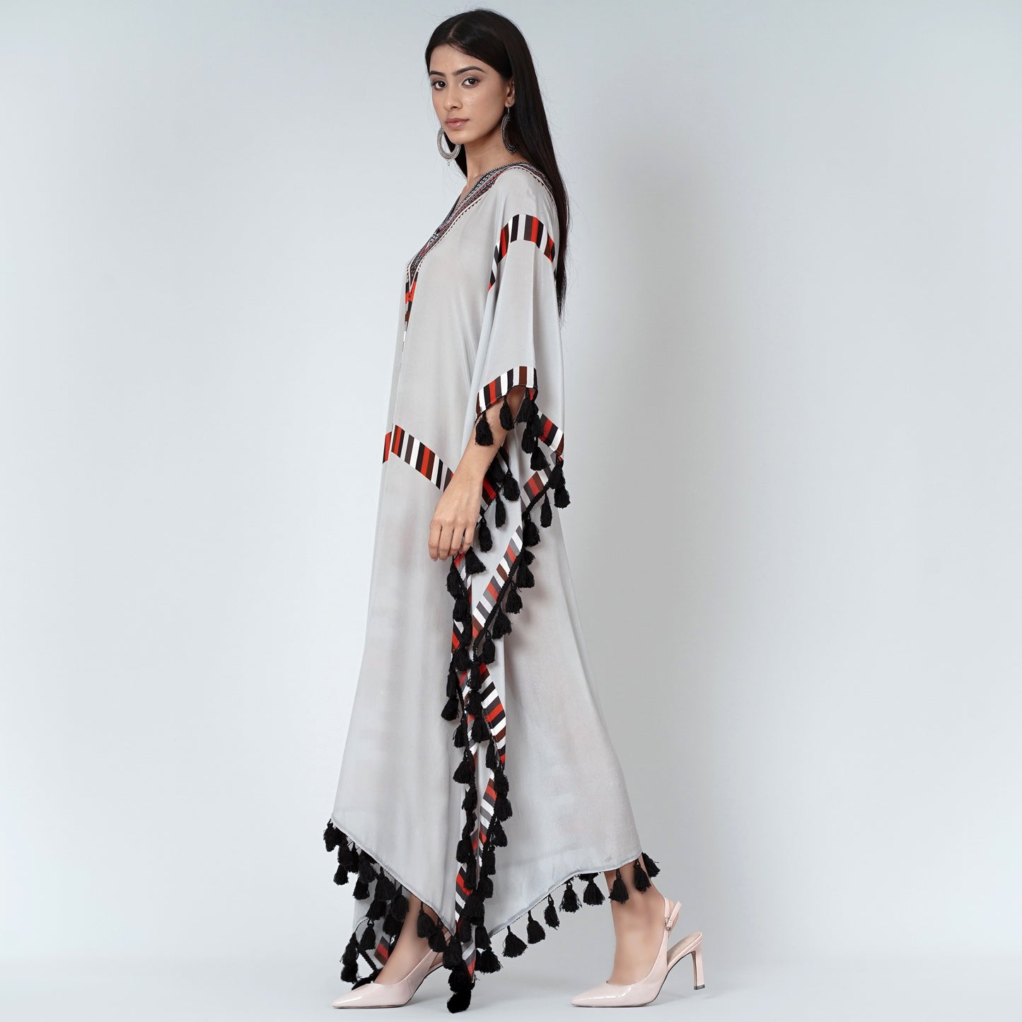 Grey Geometric Mid Length Kaftan with Lace