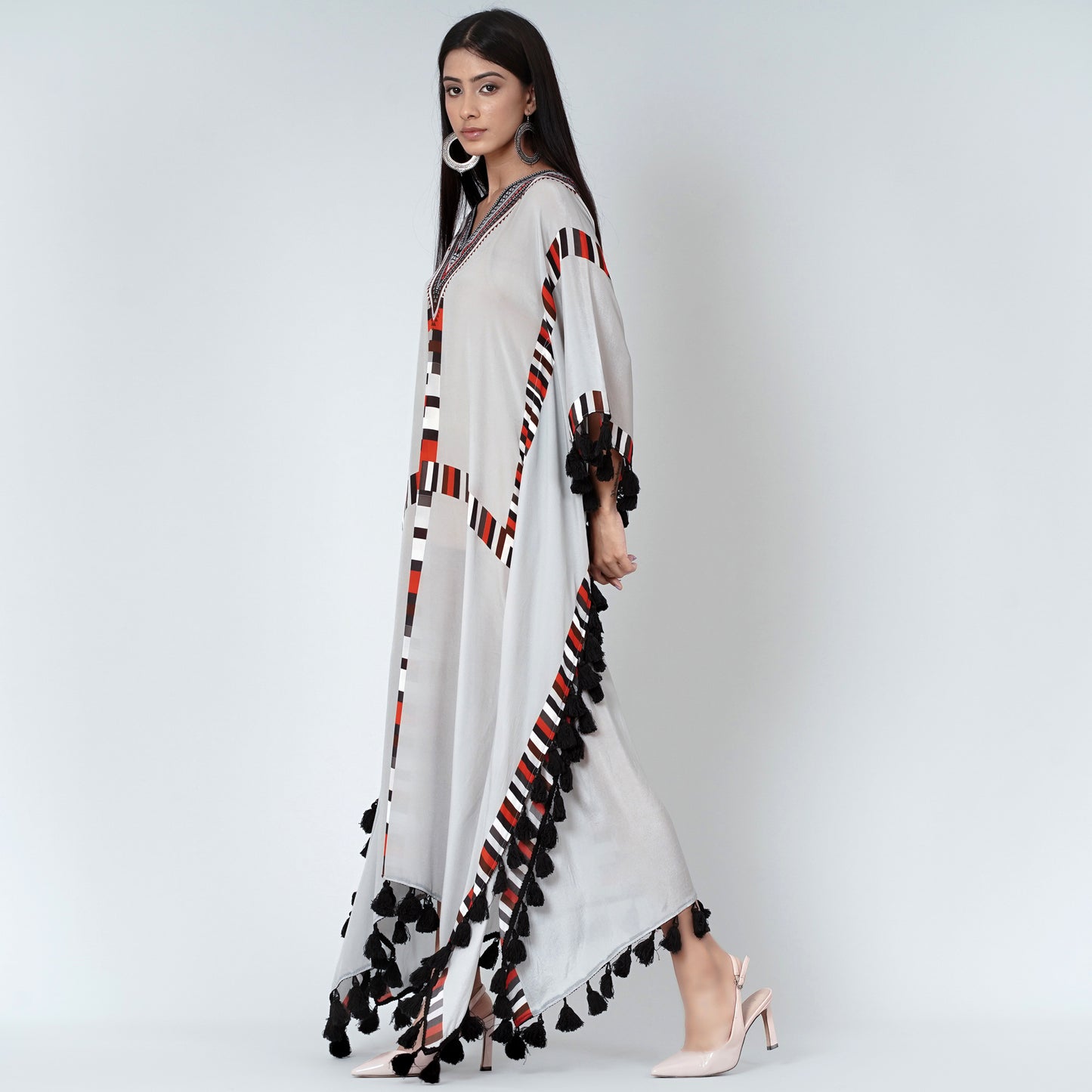 Grey Geometric Mid Length Kaftan with Lace