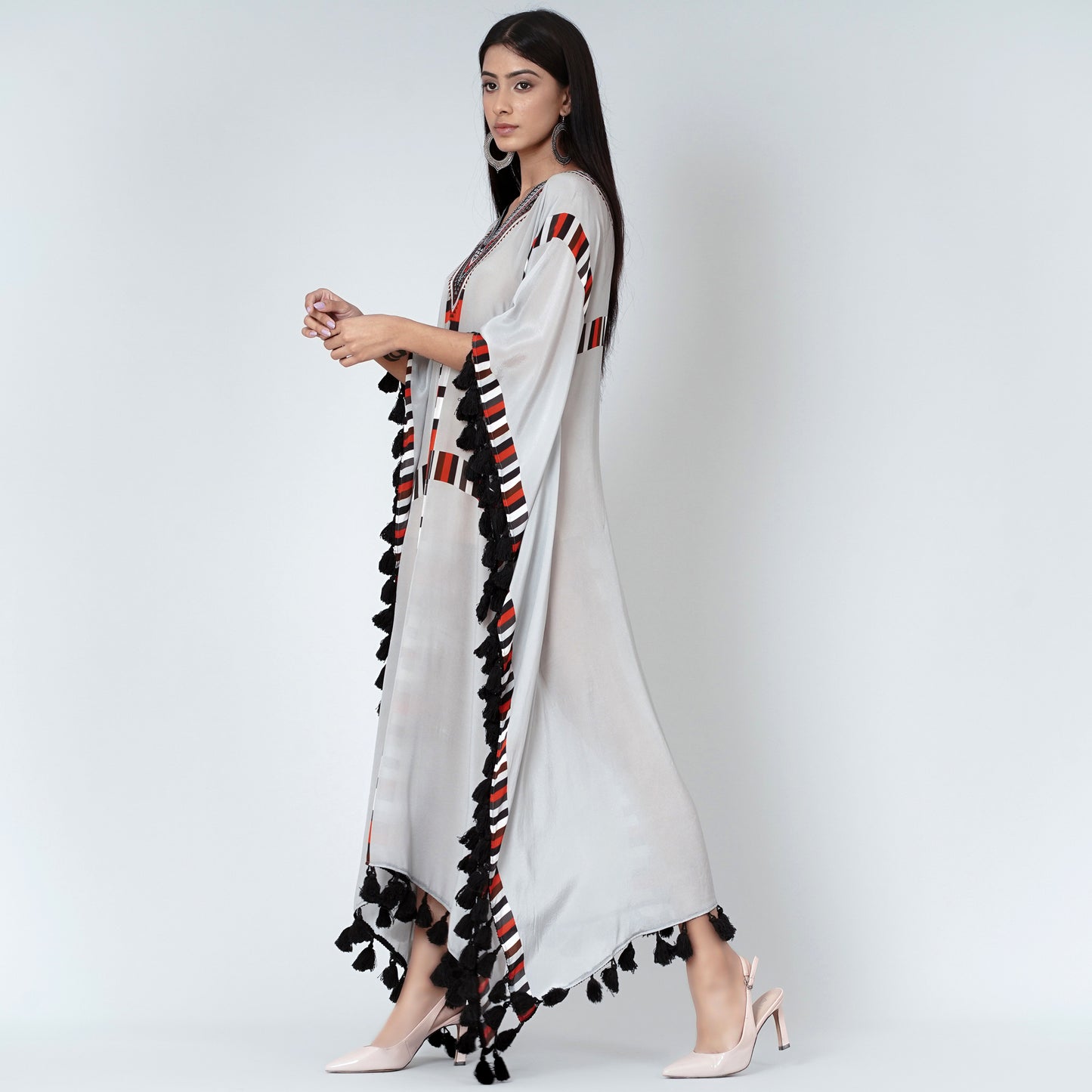 Grey Geometric Mid Length Kaftan with Lace