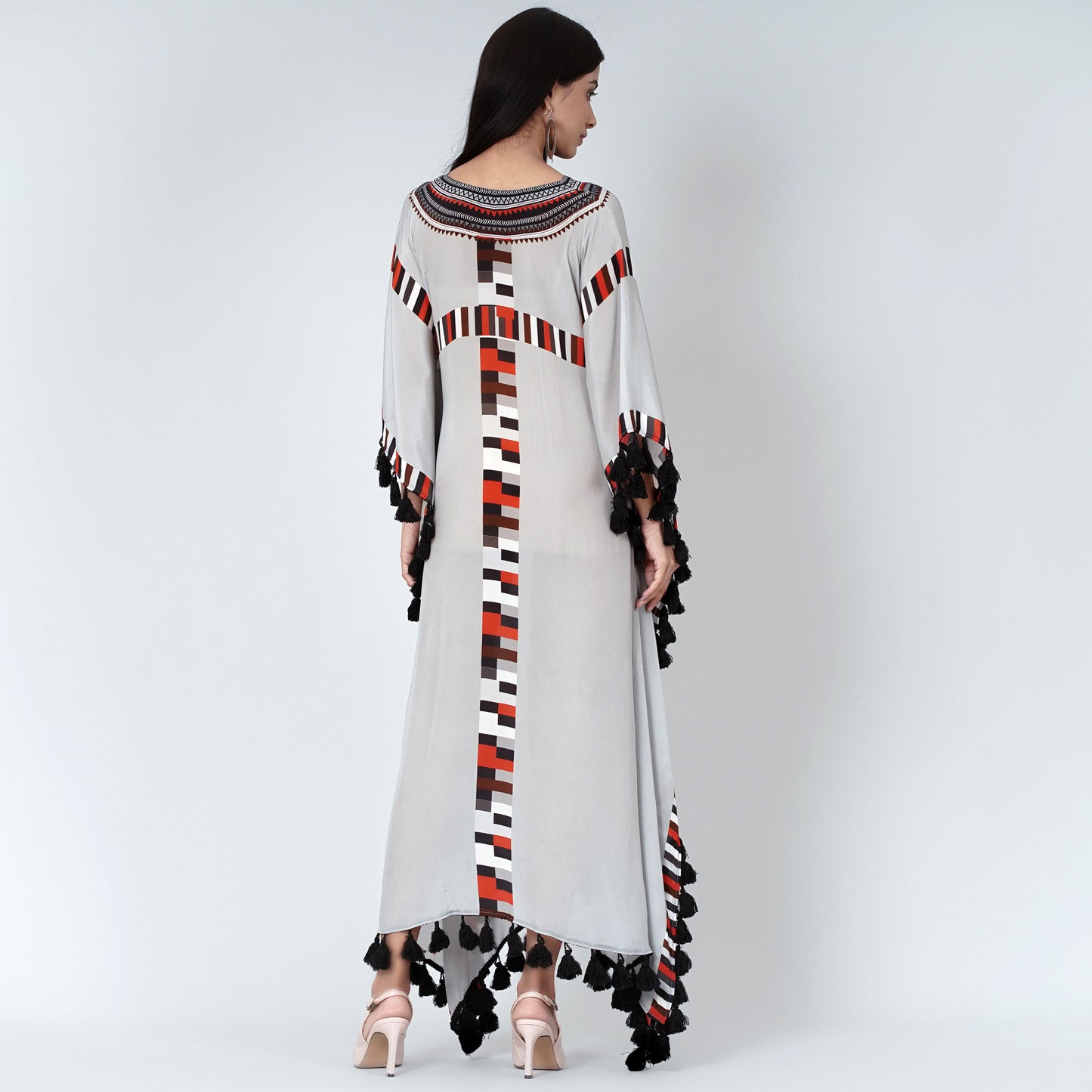 Grey Geometric Mid Length Kaftan with Lace