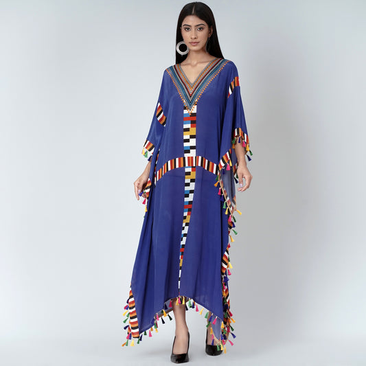 Navy Blue Geometric Mid Length Kaftan with Lace