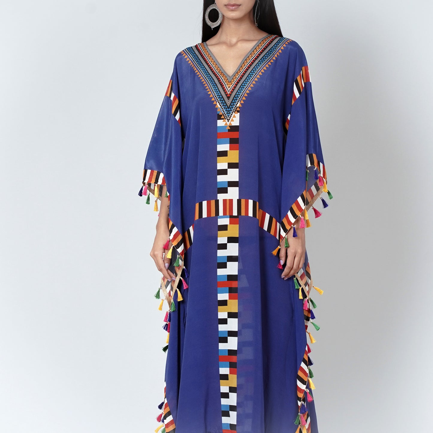 Navy Blue Geometric Mid Length Kaftan with Lace