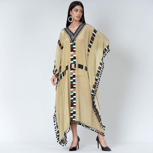Olive Green Geometric Mid Length Kaftan with Lace