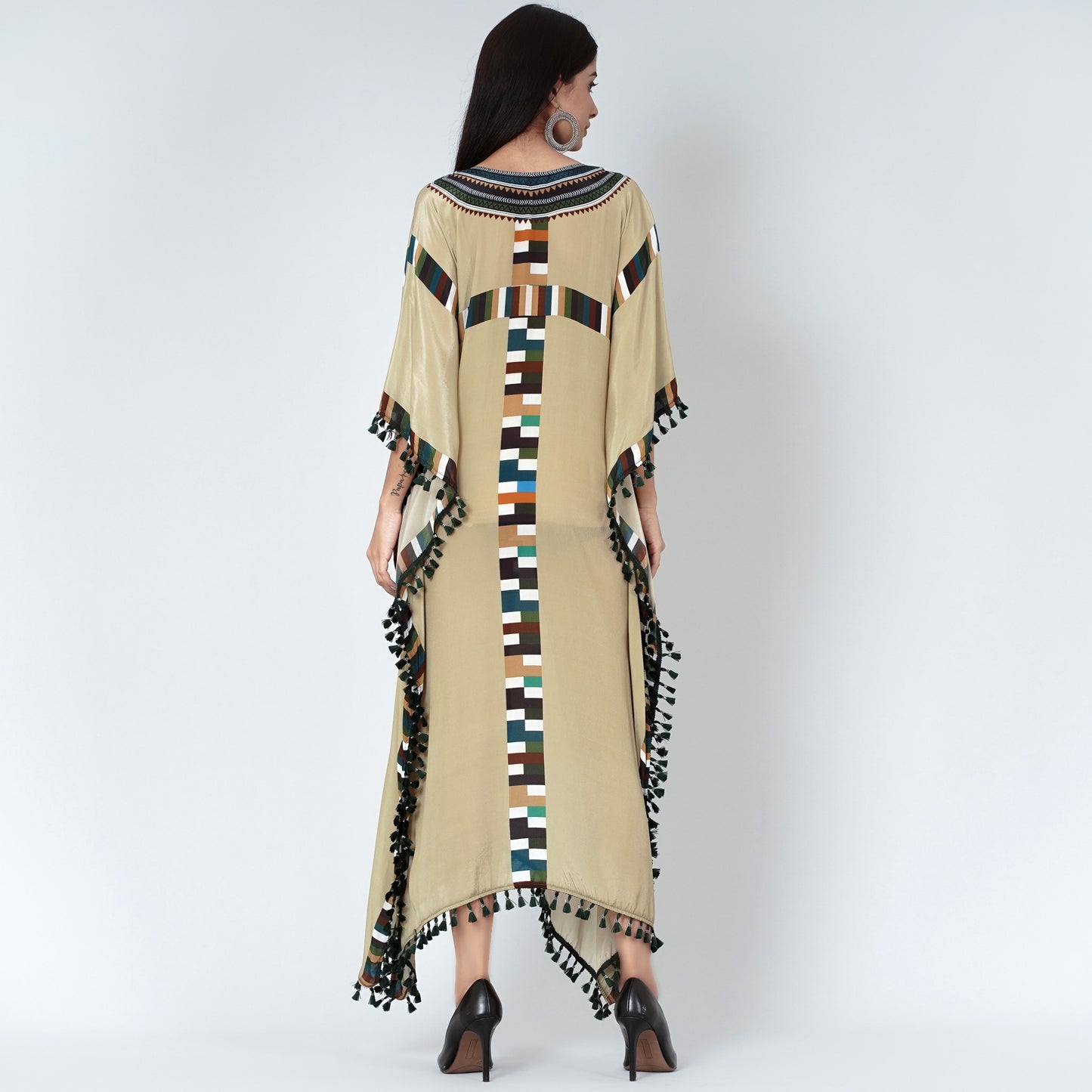 Olive Green Geometric Mid Length Kaftan with Lace