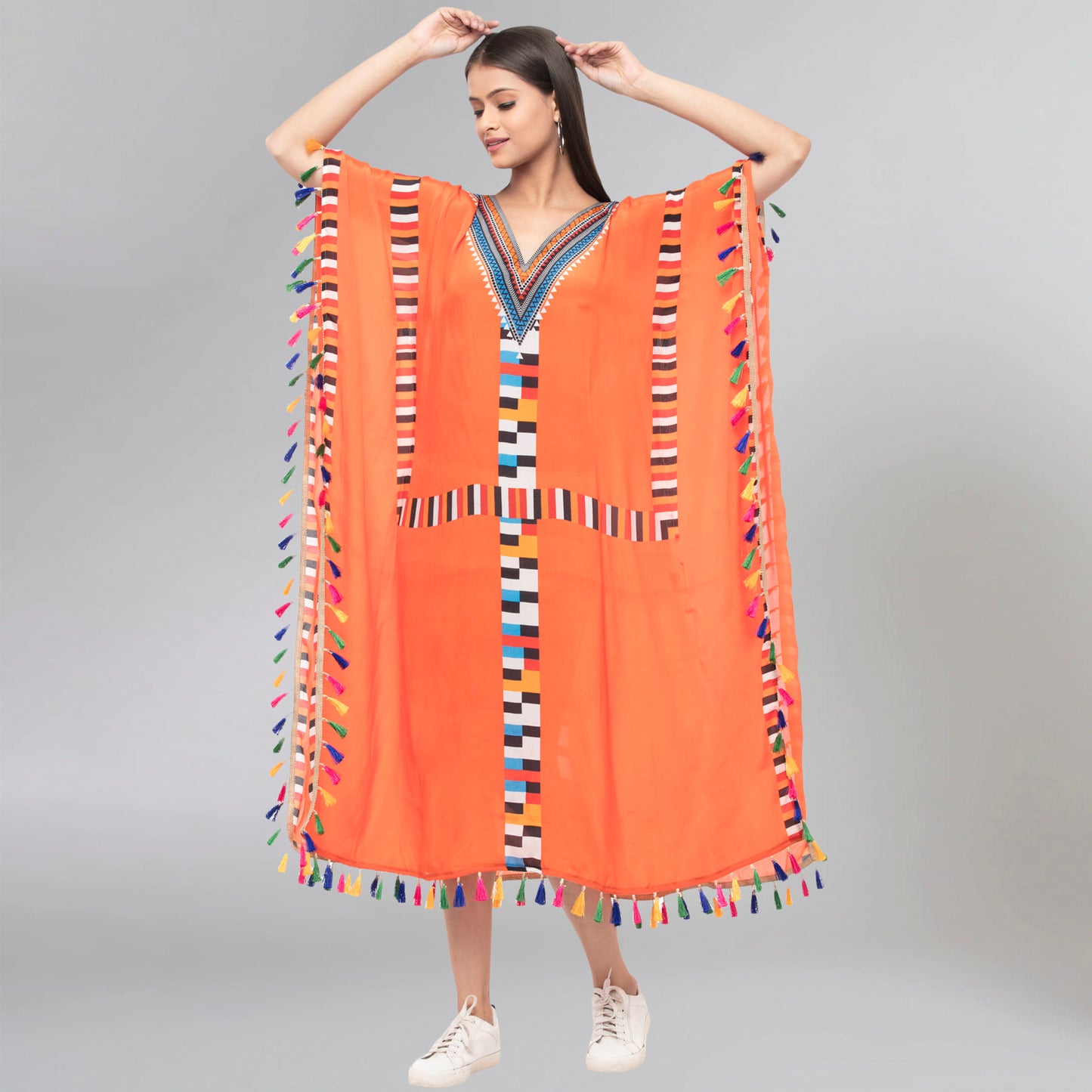 Orange Geometric Mid Length Kaftan with Lace