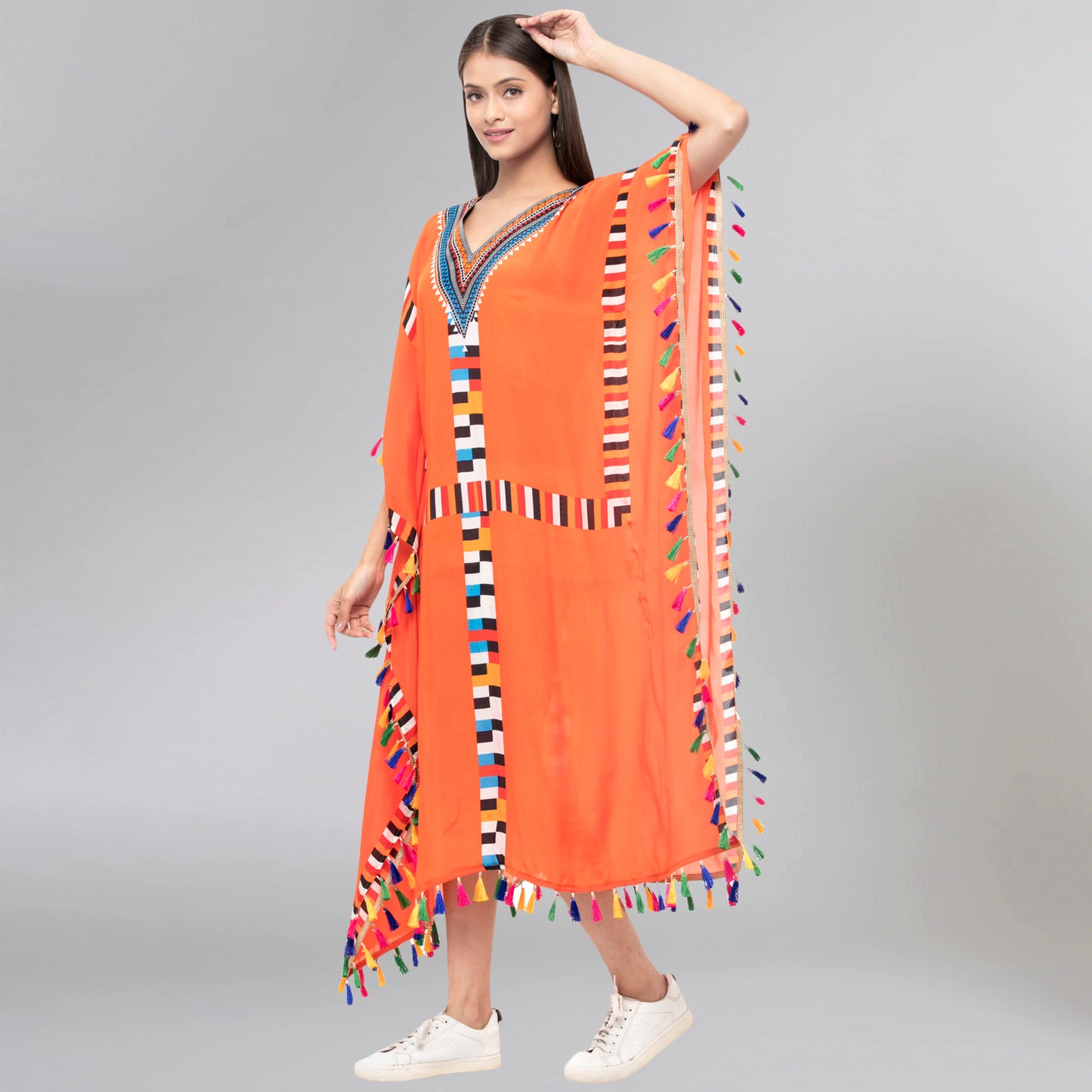 Orange Geometric Mid Length Kaftan with Lace