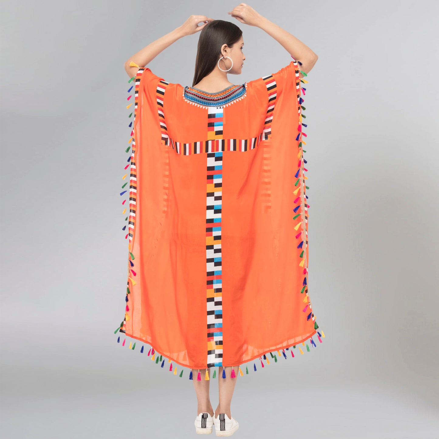 Orange Geometric Mid Length Kaftan with Lace