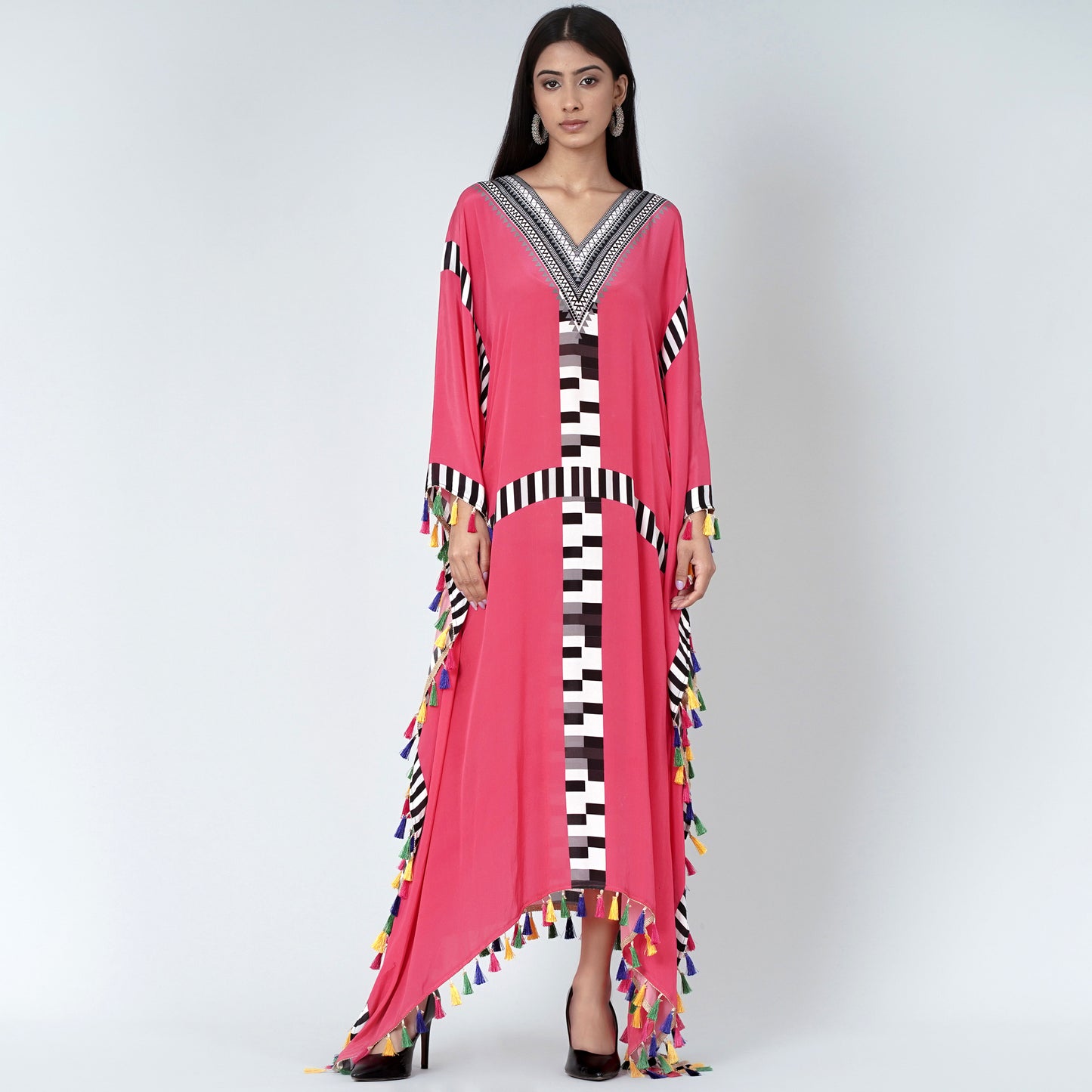 Pink Geometric Mid Length Kaftan with Lace