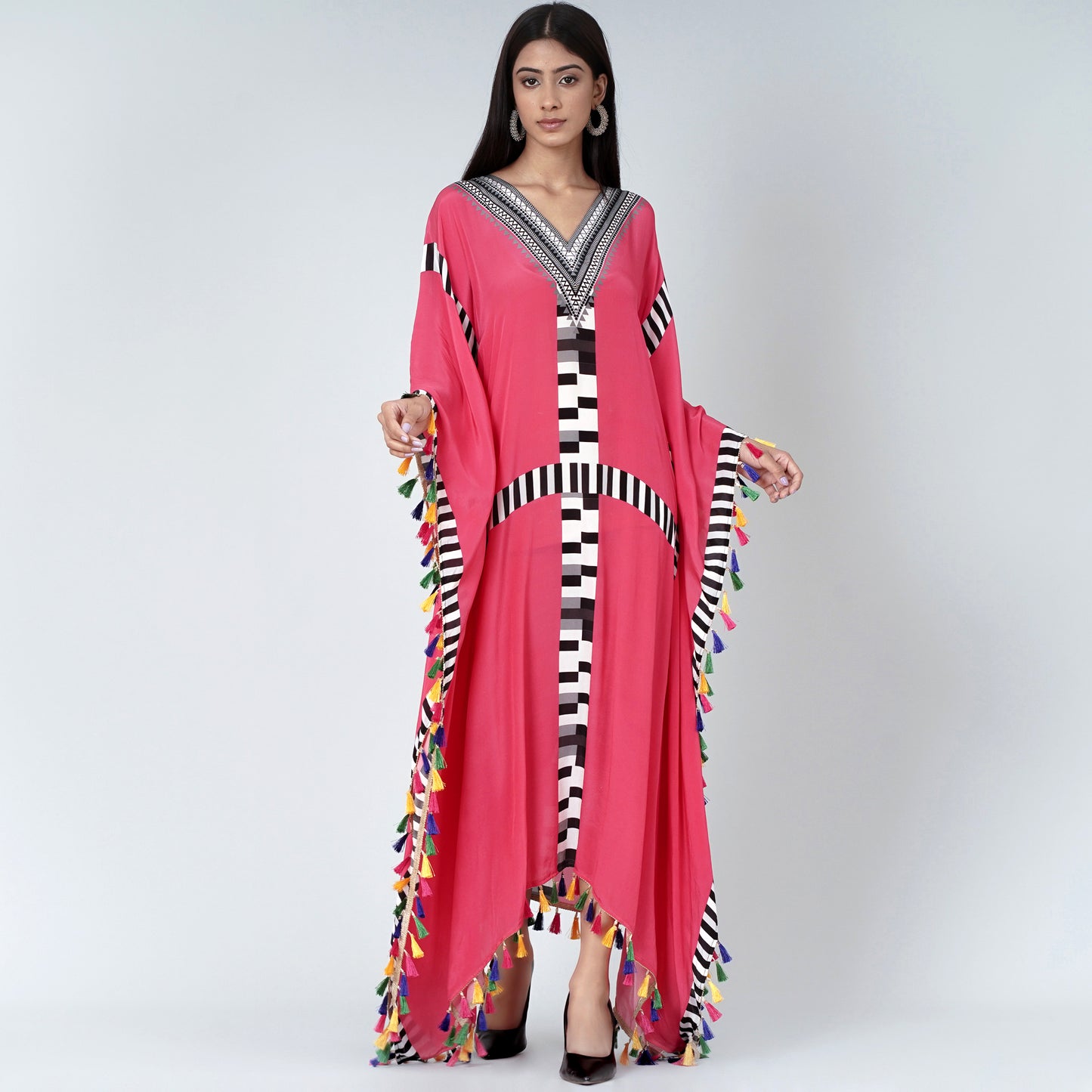 Pink Geometric Mid Length Kaftan with Lace