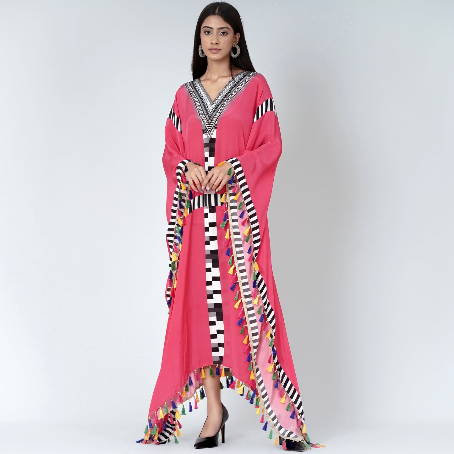 Pink Geometric Mid Length Kaftan with Lace