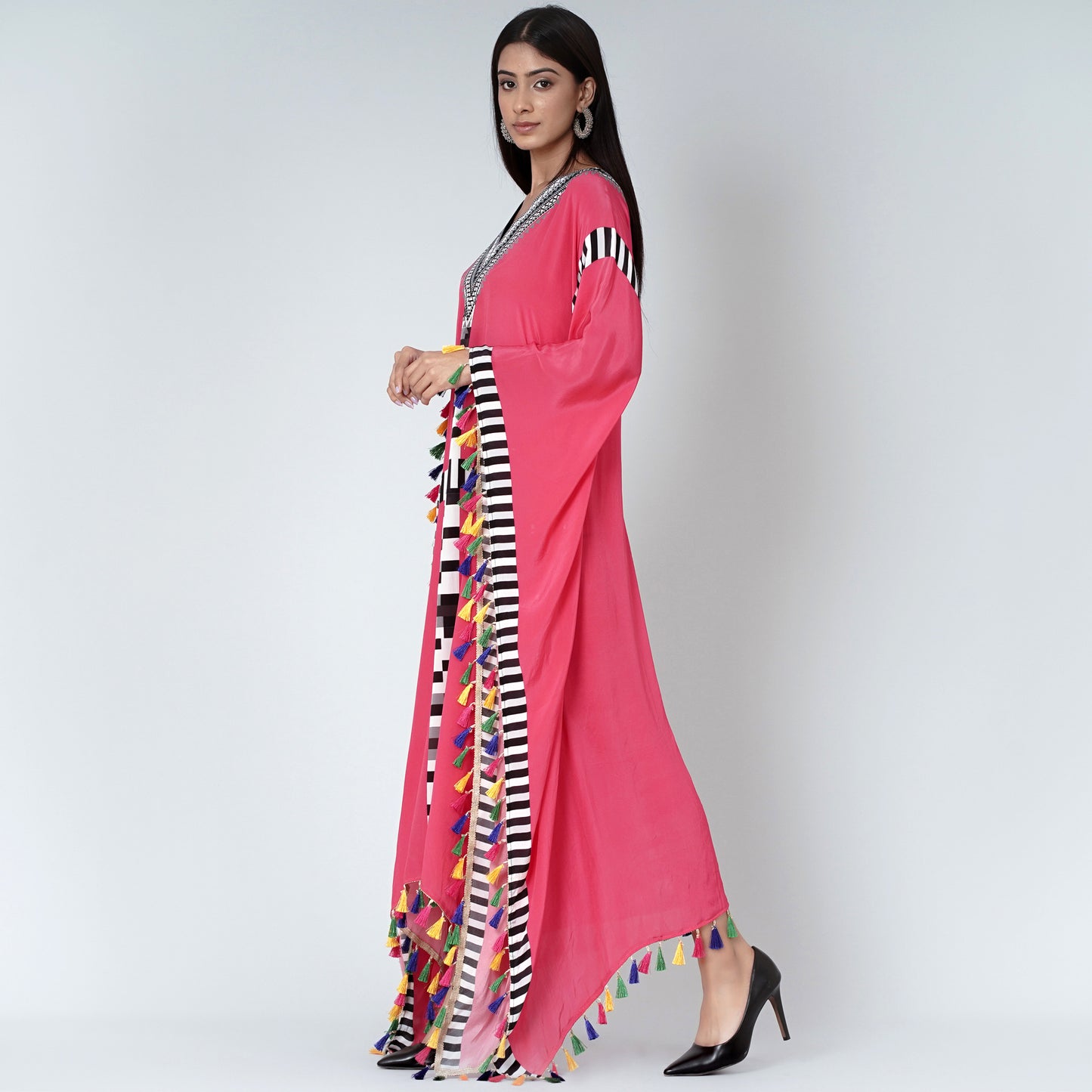 Pink Geometric Mid Length Kaftan with Lace