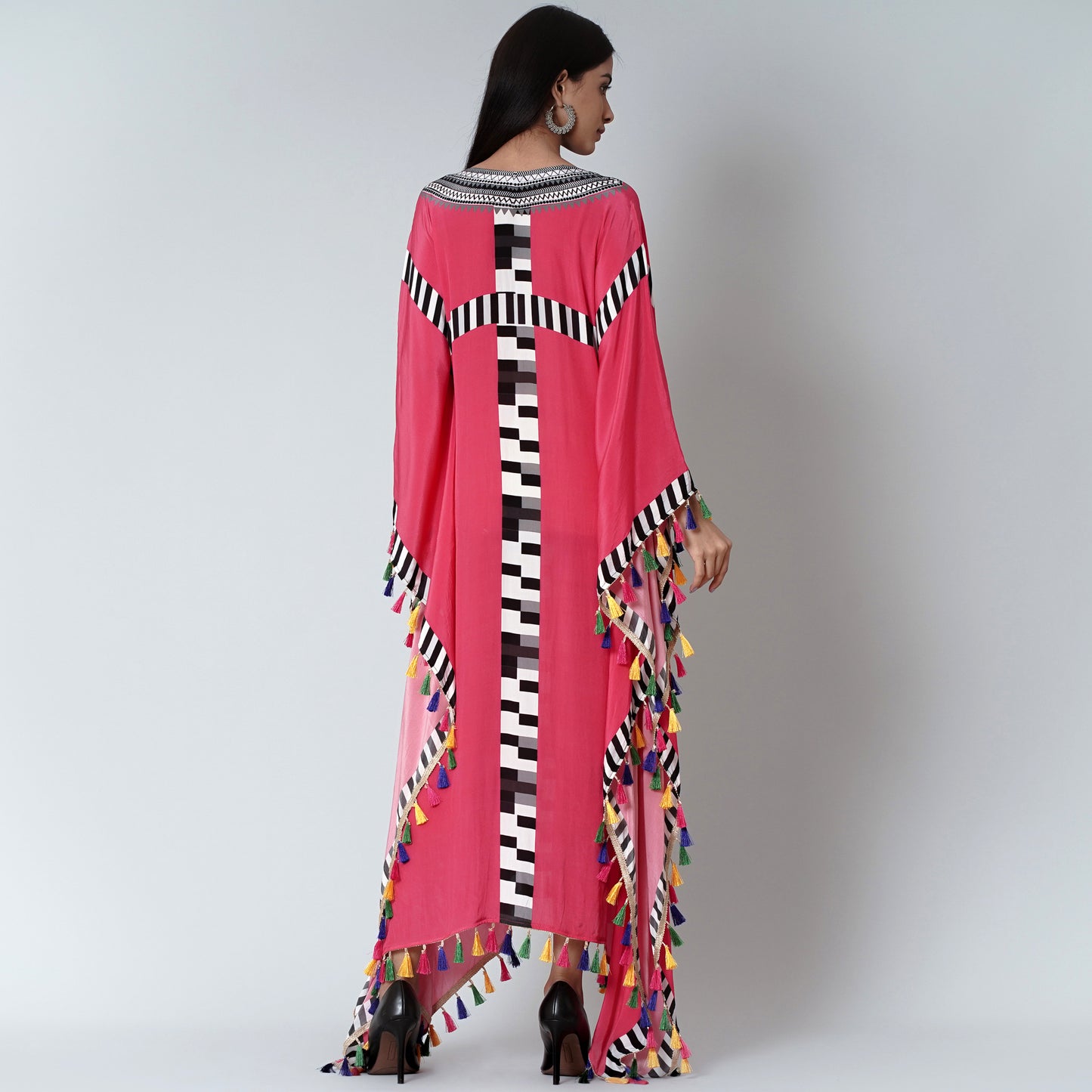 Pink Geometric Mid Length Kaftan with Lace