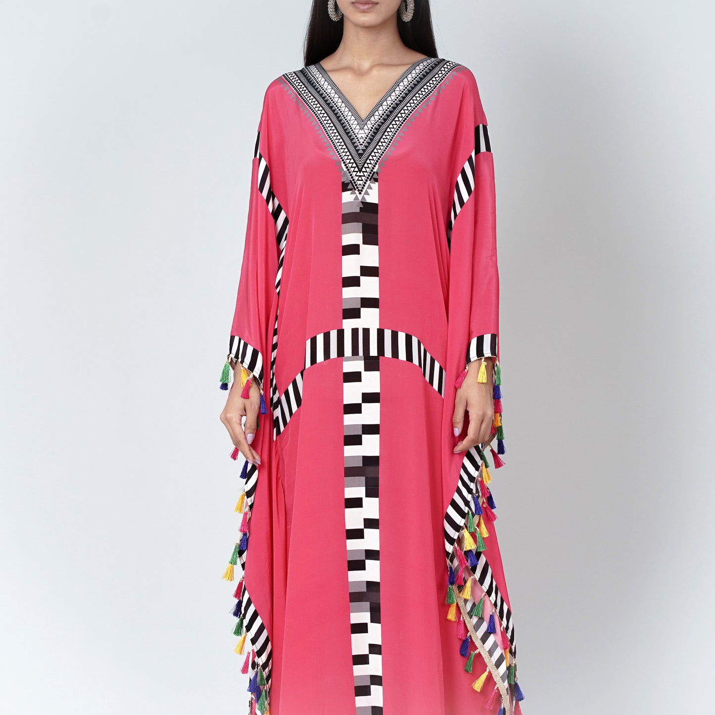 Pink Geometric Mid Length Kaftan with Lace