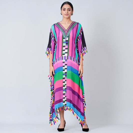 Purple and Green Geometric Mid Length Kaftan with Lace