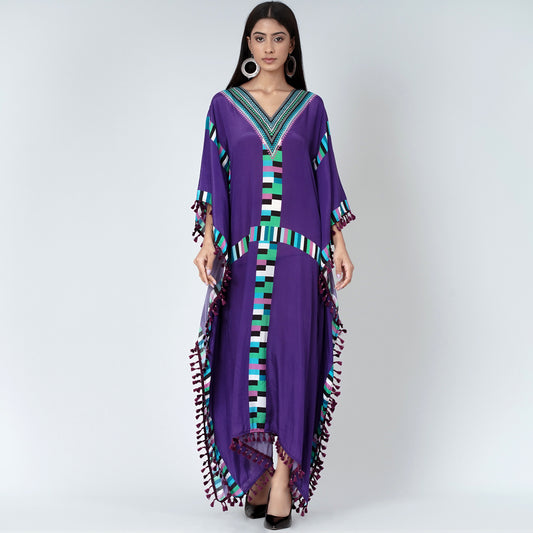 Purple Geometric Mid Length Kaftan with Lace