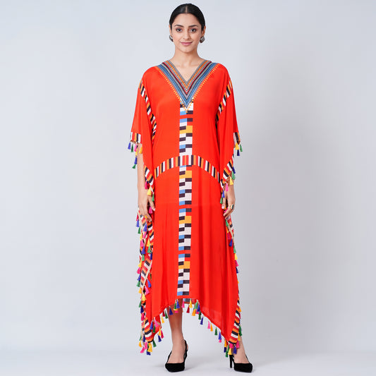 Red Geometric Mid Length Kaftan with Lace