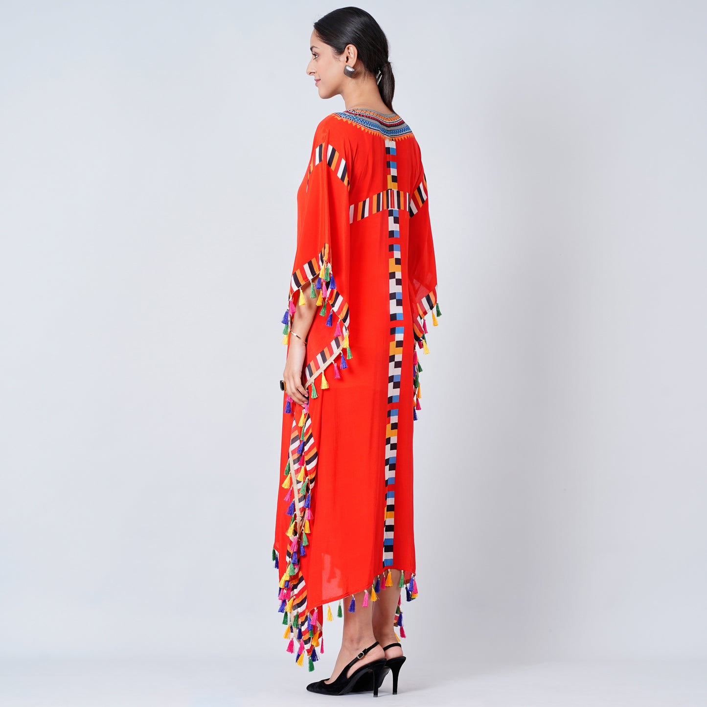 Red Geometric Mid Length Kaftan with Lace