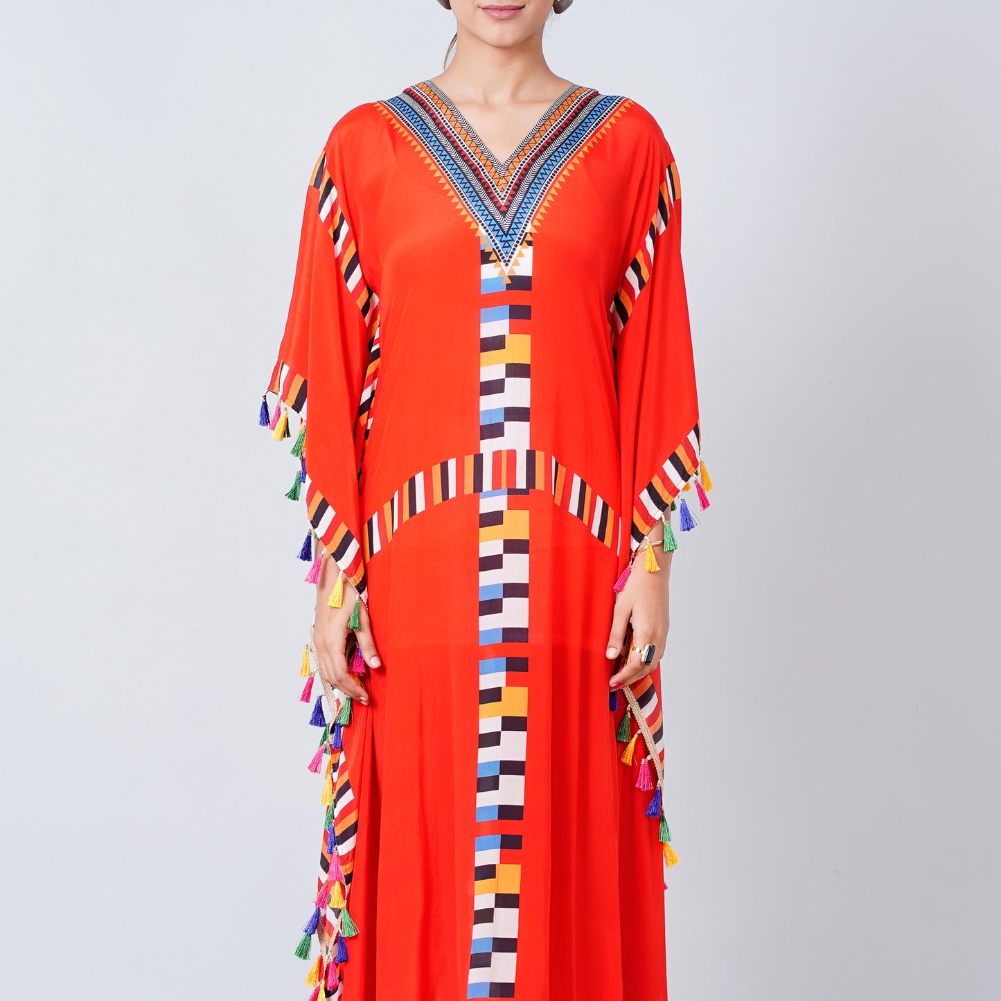 Red Geometric Mid Length Kaftan with Lace