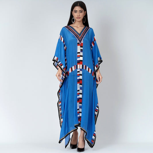 Royal Blue Geometric Mid Length Kaftan with Lace