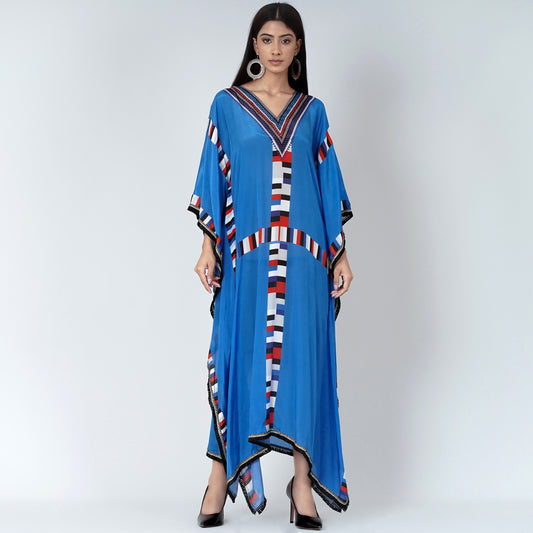 Royal Blue Geometric Mid Length Kaftan with Lace