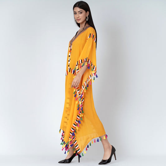 Yellow Geometric Mid Length Kaftan with Lace
