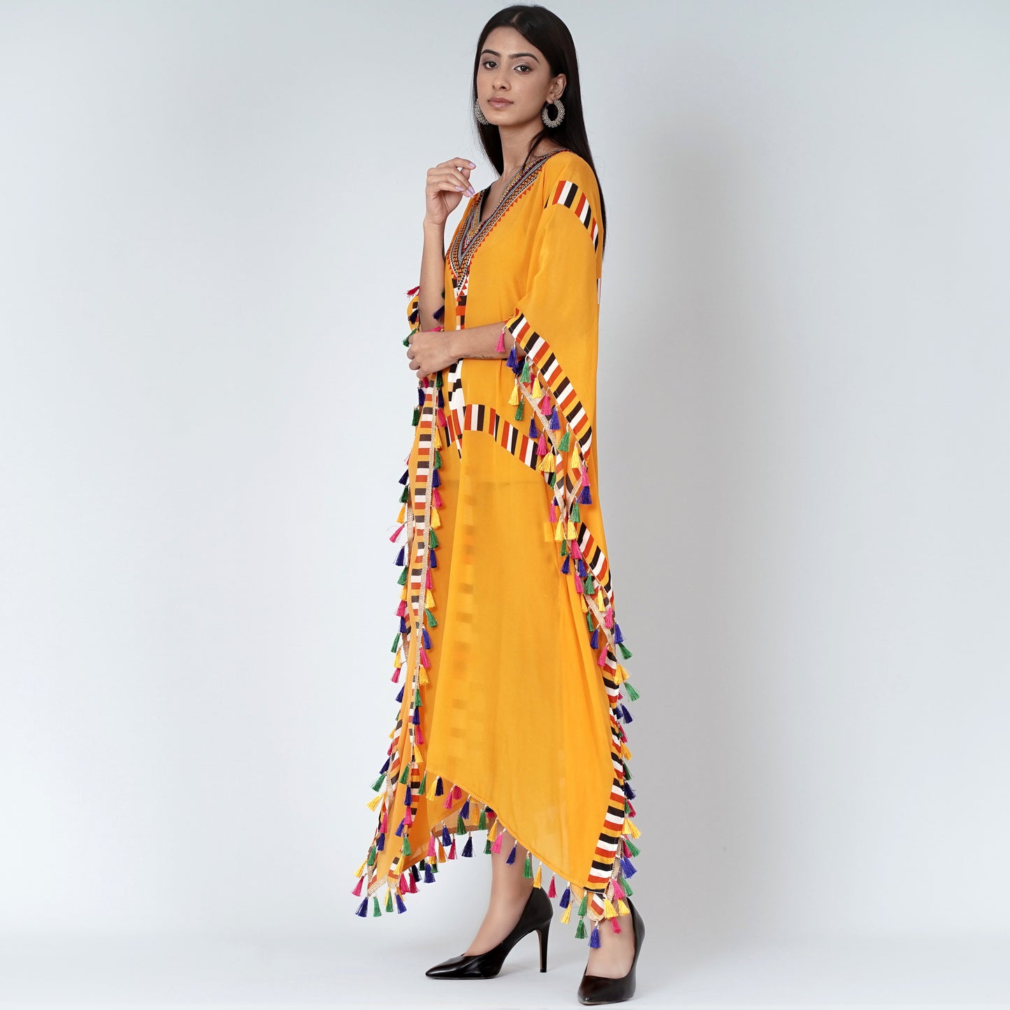Yellow Geometric Mid Length Kaftan with Lace