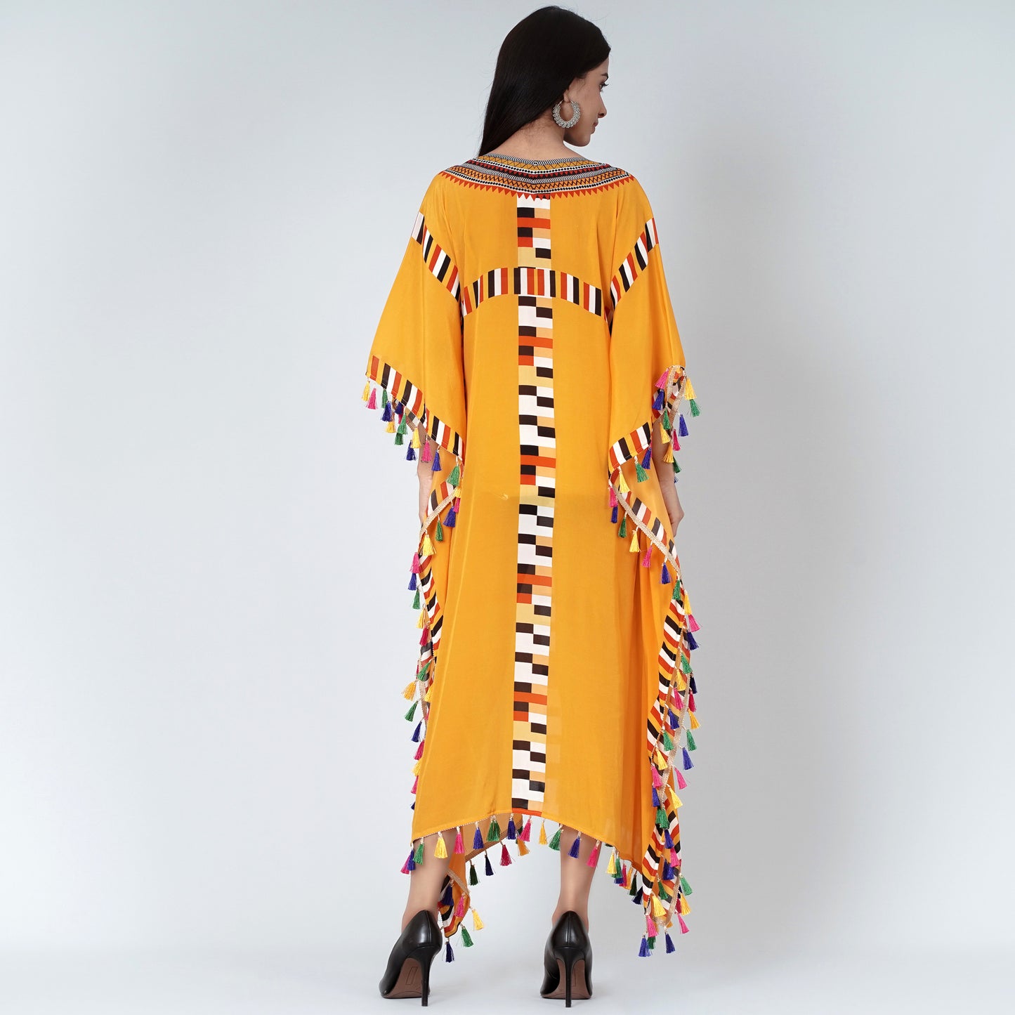 Yellow Geometric Mid Length Kaftan with Lace