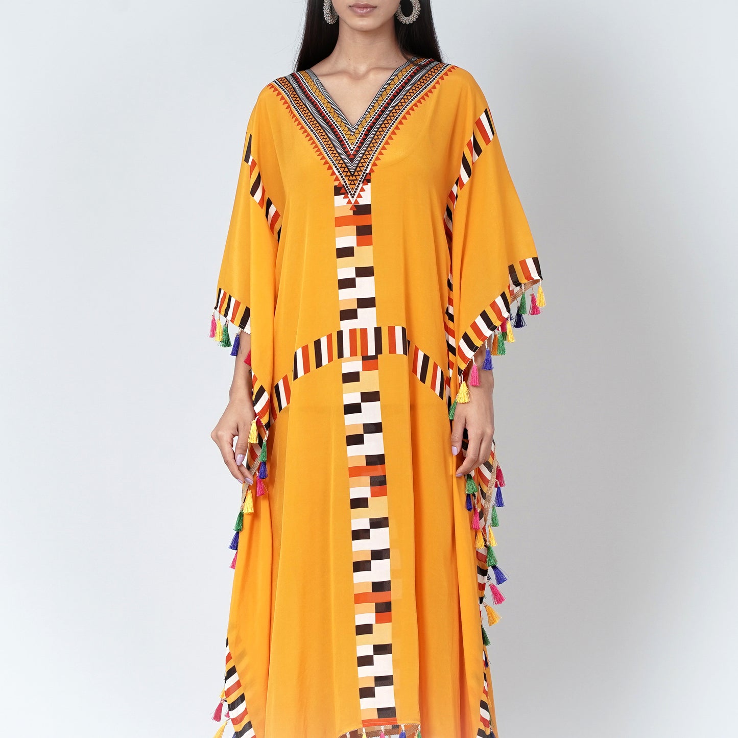 Yellow Geometric Mid Length Kaftan with Lace