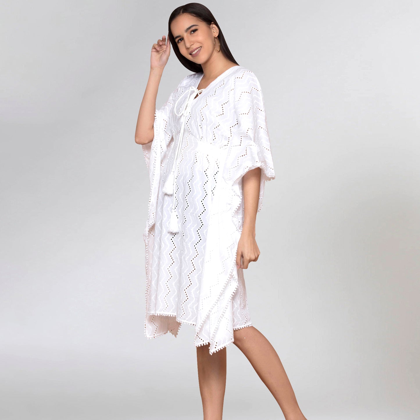 White Neck-Tie Eyelet Mid Length Kaftan