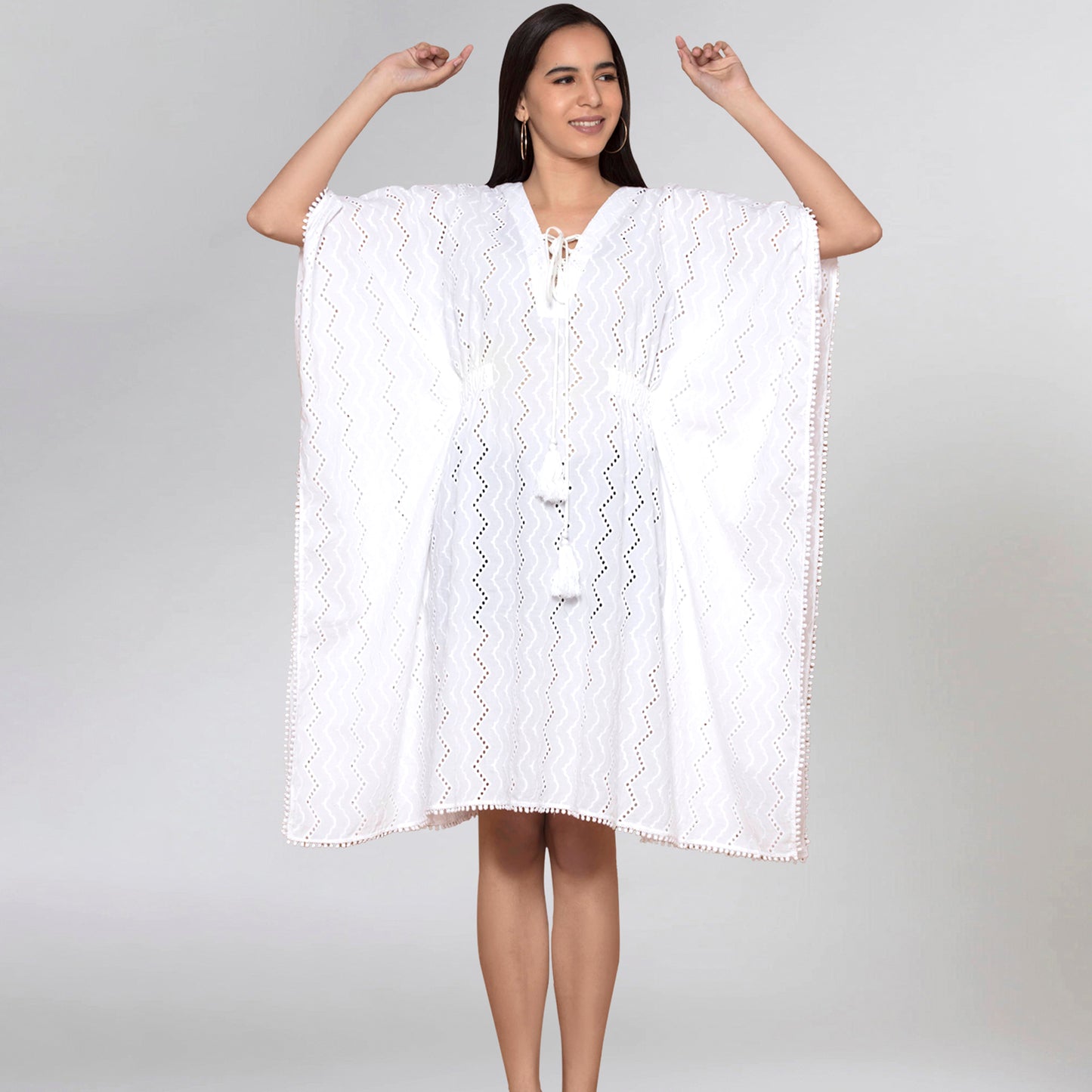 White Neck-Tie Eyelet Mid Length Kaftan