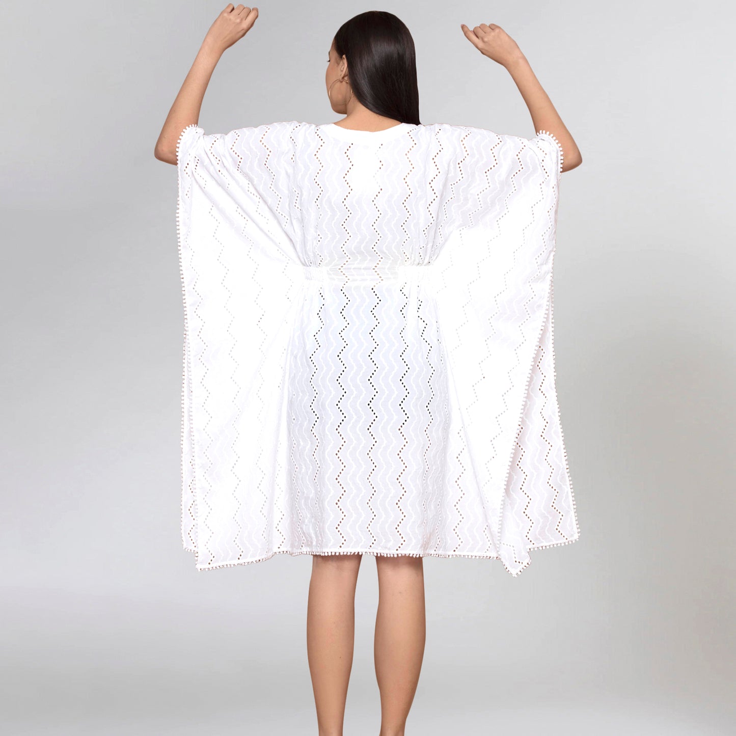 White Neck-Tie Eyelet Mid Length Kaftan