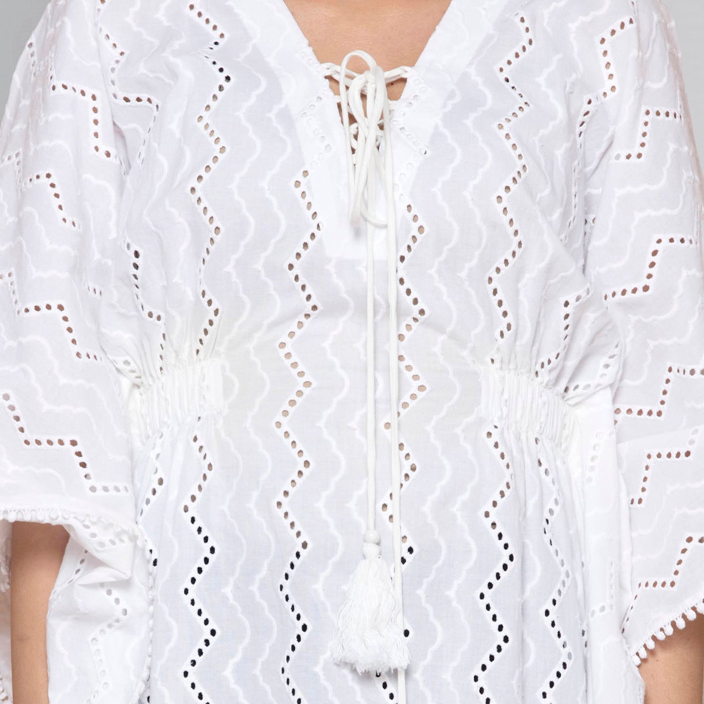 White Neck-Tie Eyelet Mid Length Kaftan