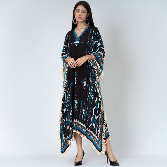 Black and Blue Aztec Mid Length Kaftan