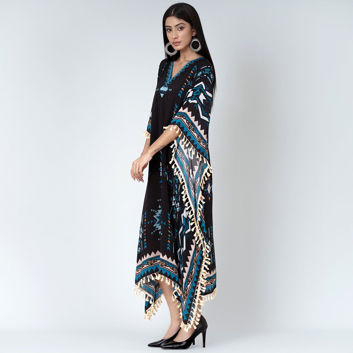Black and Blue Aztec Mid Length Kaftan