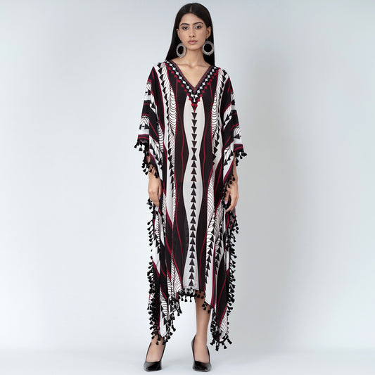 Black and Maroon Geometric Swirl Mid Length Kaftan
