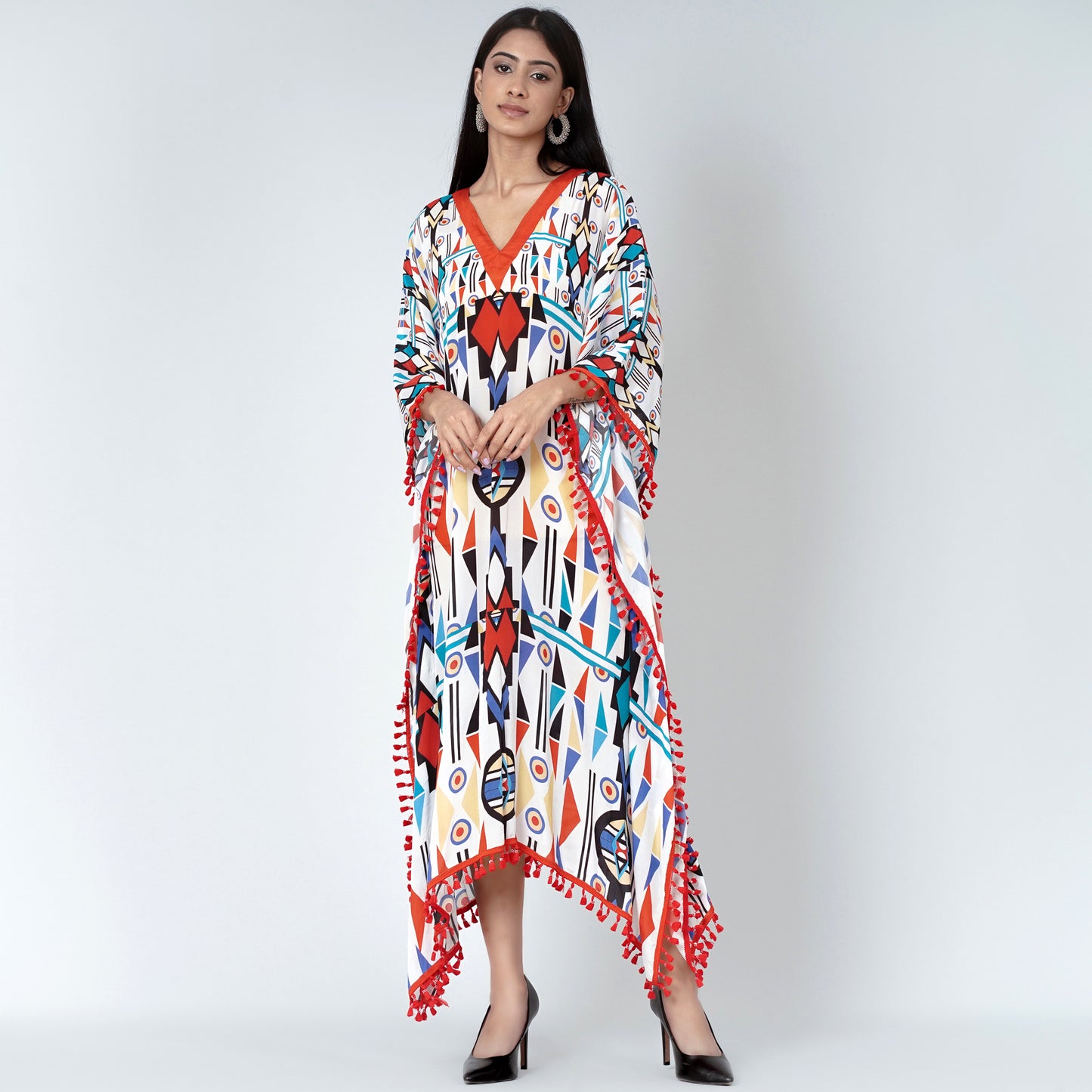 White and Orange Modern Geometric Mid Length Kaftan