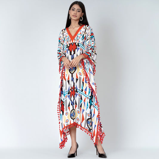 White and Orange Modern Geometric Mid Length Kaftan