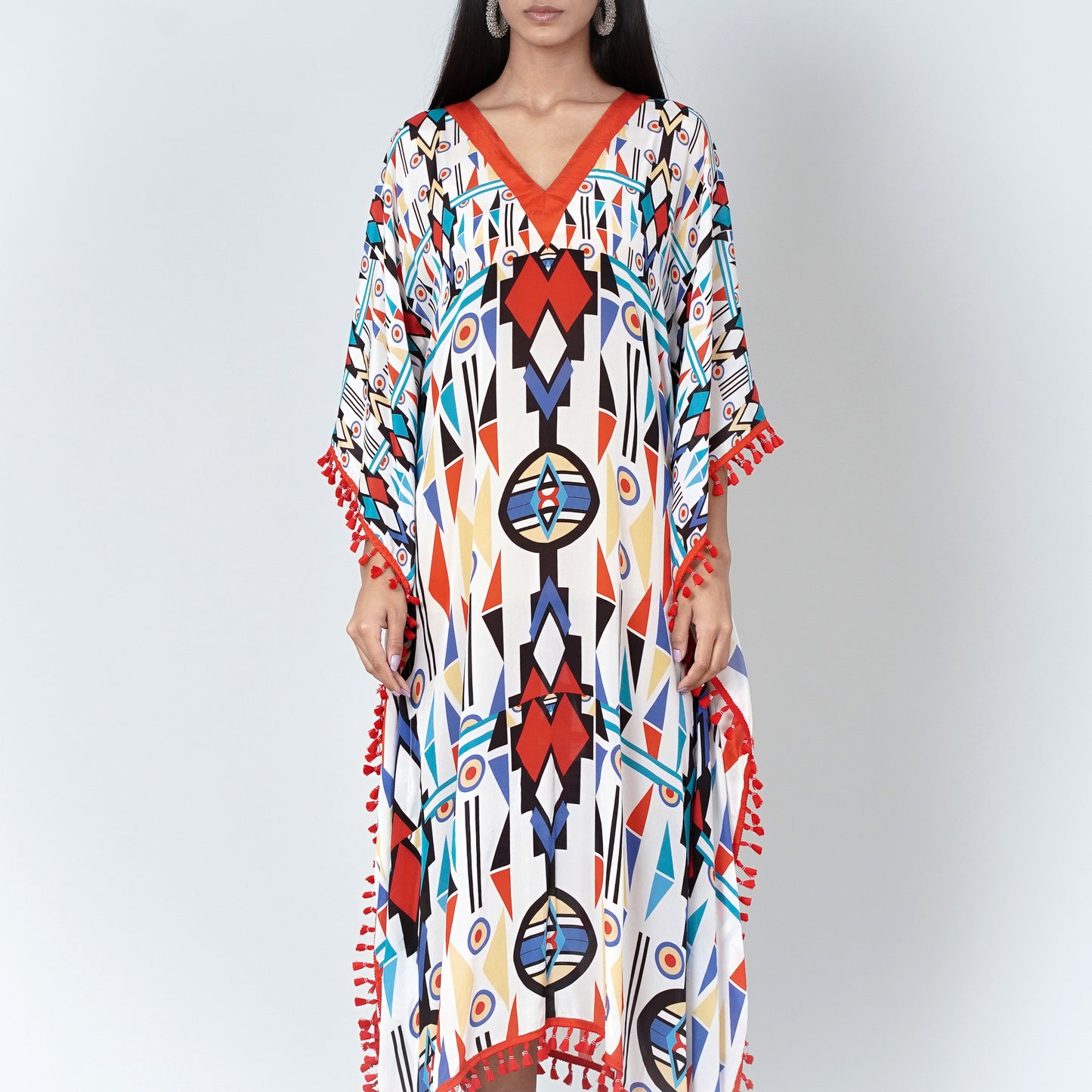White and Orange Modern Geometric Mid Length Kaftan