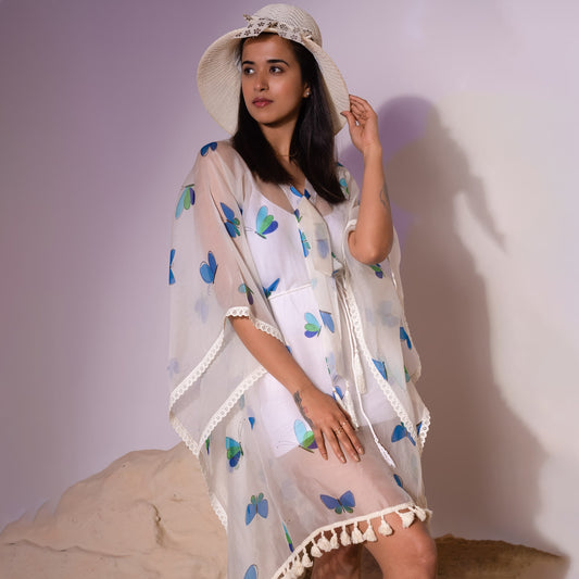 Aqua Butterfly Mid Length Kaftan