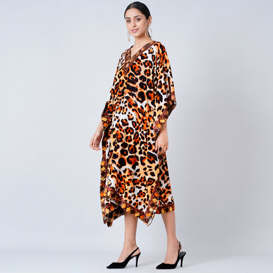 Brown Animal Print Silk Velvet Mid Length Kaftan
