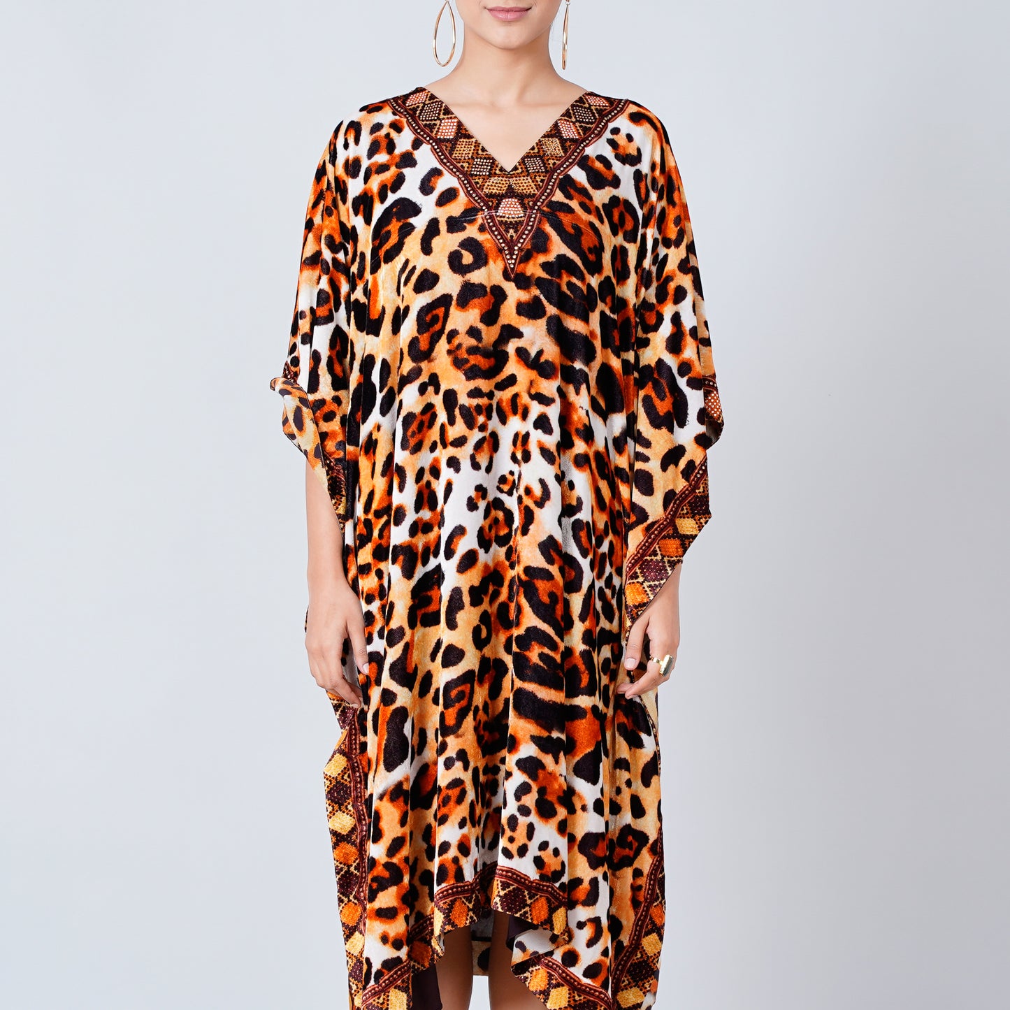 Brown Animal Print Silk Velvet Mid Length Kaftan