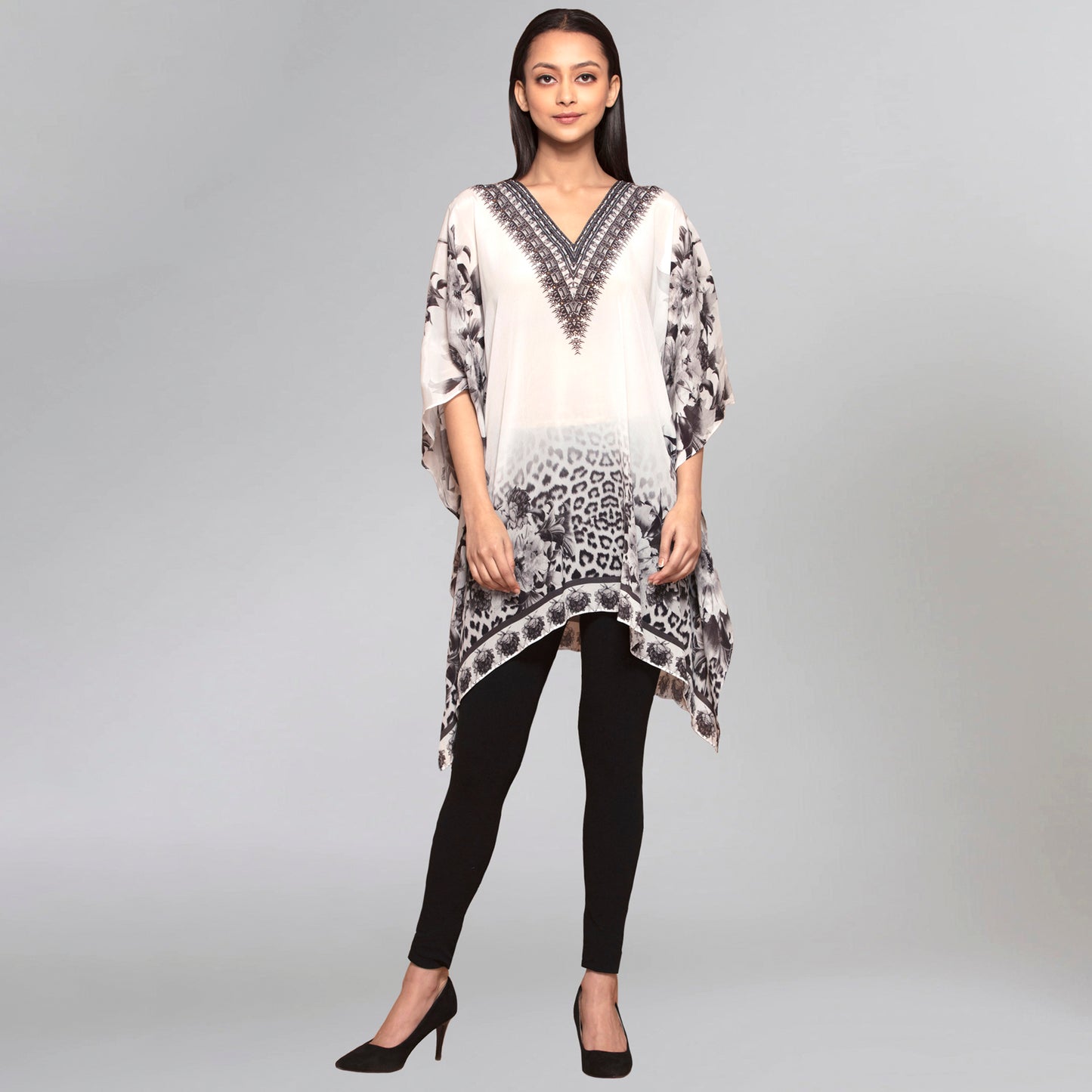 Beige Floral Mid Length Kaftan