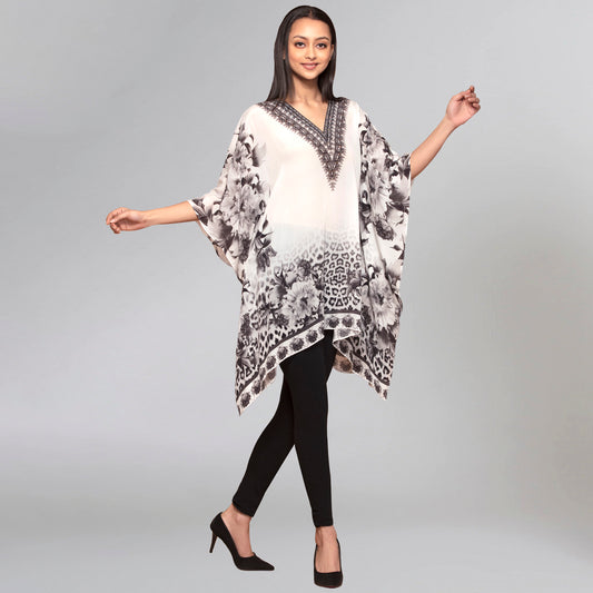 Beige Floral Mid Length Kaftan