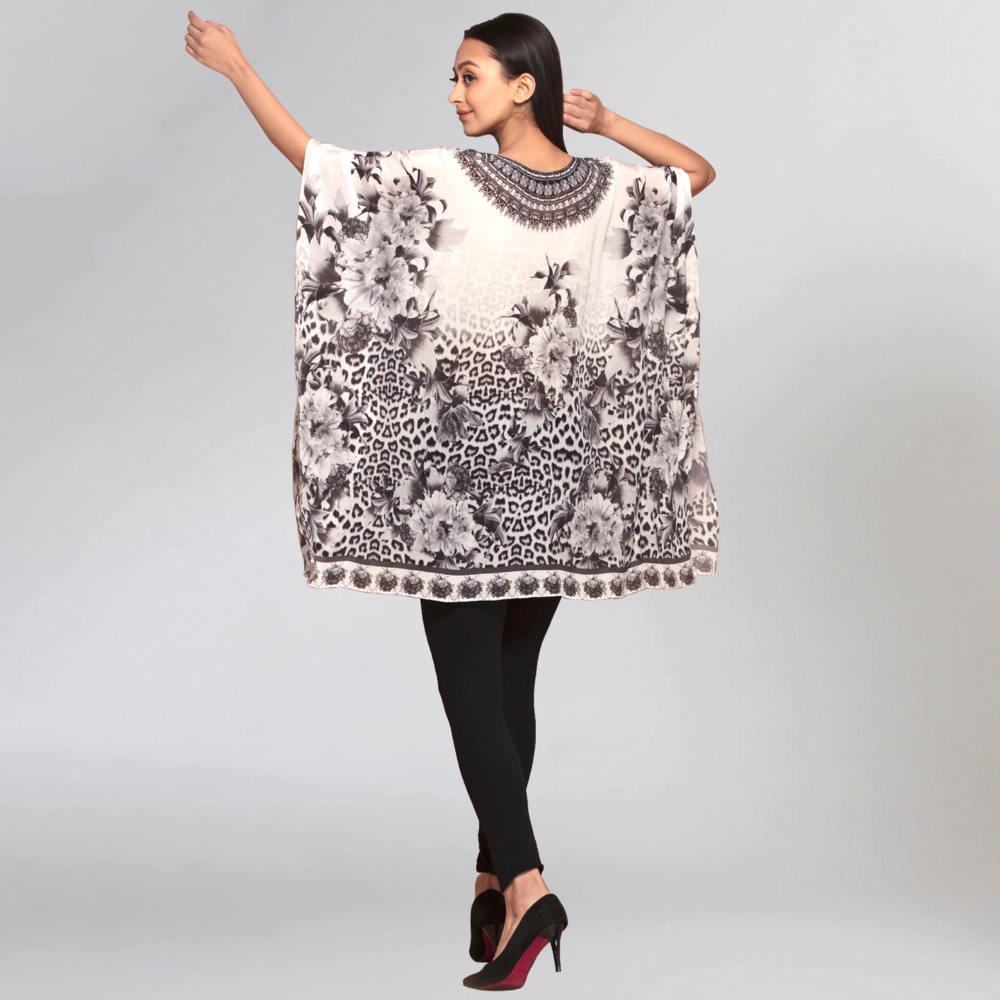 Beige Floral Mid Length Kaftan