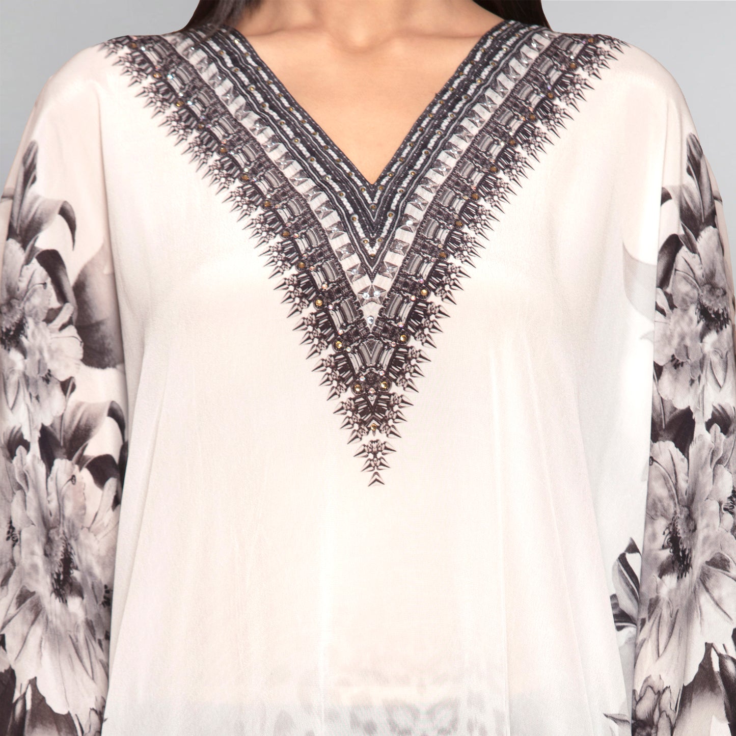 Beige Floral Mid Length Kaftan