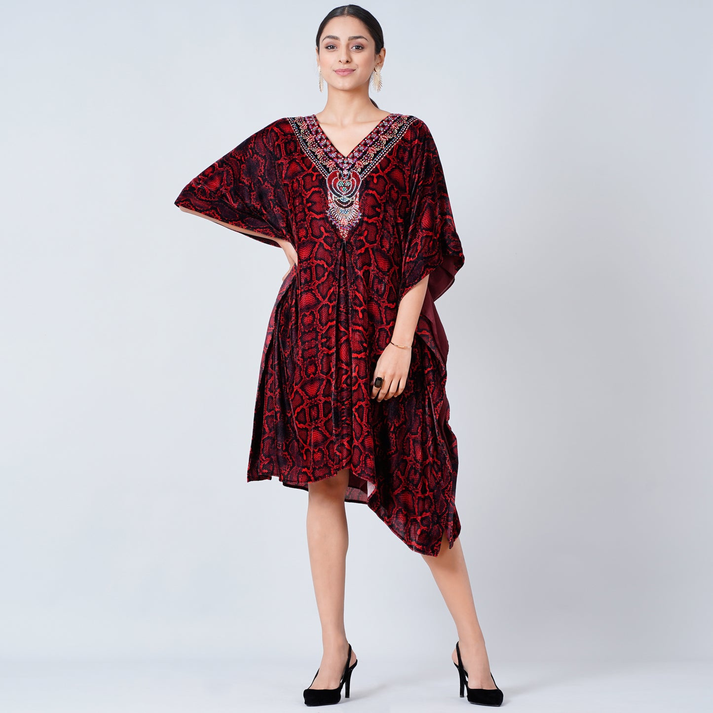 Red Animal Print Silk Velvet Mid Length Kaftan