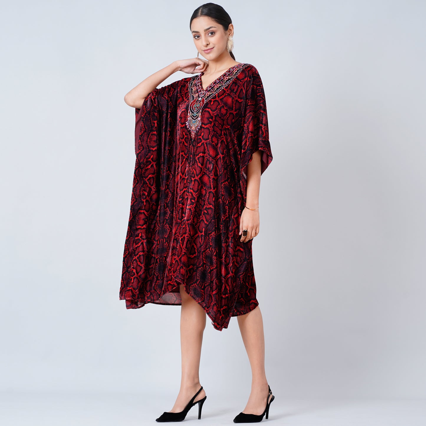 Red Animal Print Silk Velvet Mid Length Kaftan