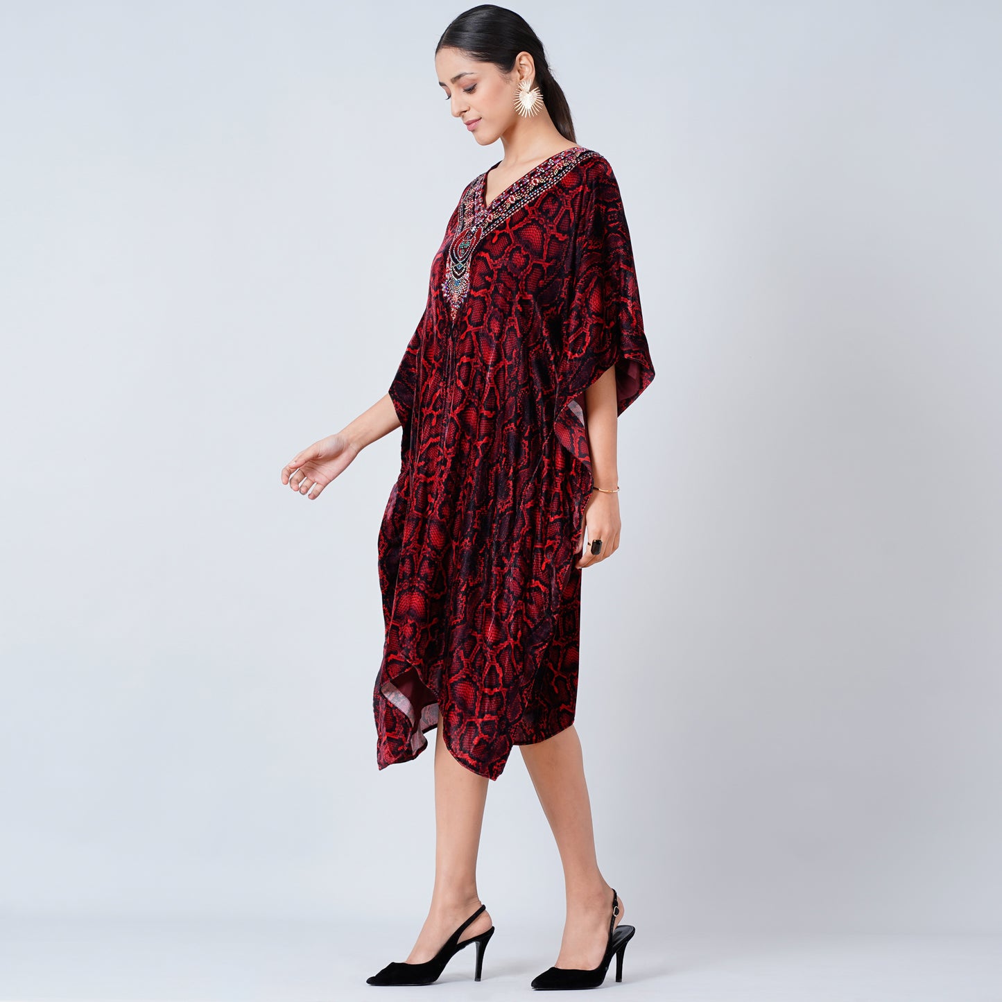Red Animal Print Silk Velvet Mid Length Kaftan