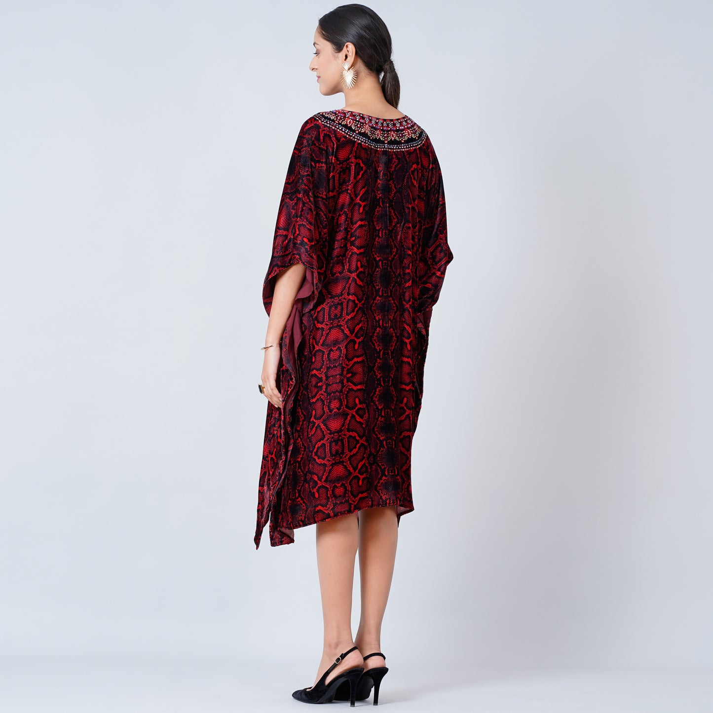 Red Animal Print Silk Velvet Mid Length Kaftan